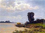 Louis Apol A Ferry In A Summer Landscape painting